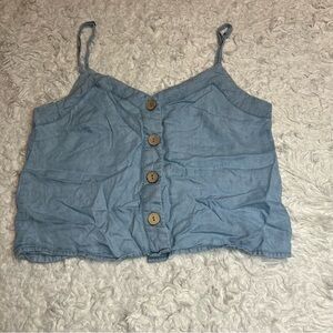 Light Blue Button-Front Spaghetti Strap Crop Top